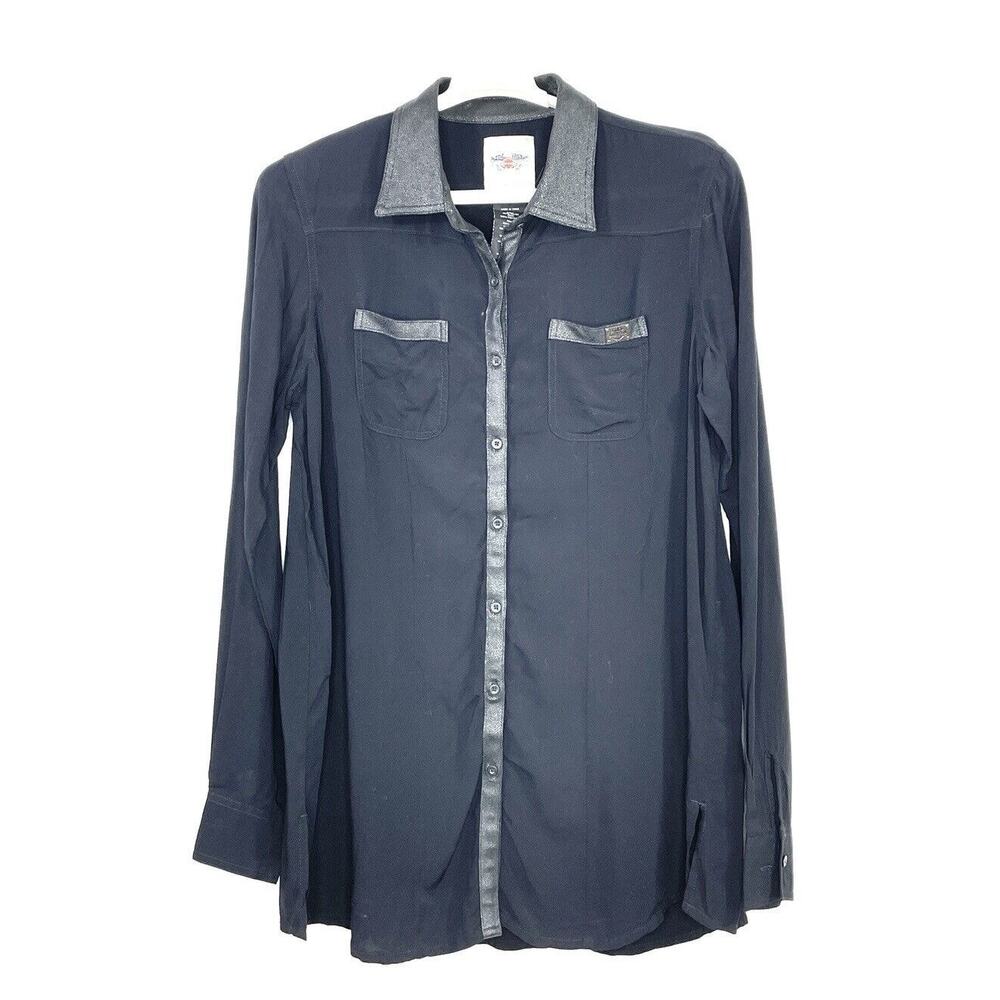 Harley-Davidson Black Long Sleeve Button-Up Shirt Faux Leather Accents Large